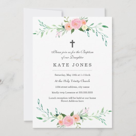 Sweet Floral Baptism Invitation Kaart (Voorkant)