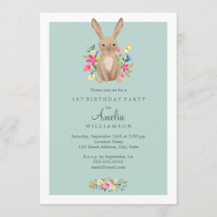 Sweet Floral Bunny Première Invitation d'anniversa