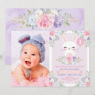 Sweet Floral Bunny Rabbit Girl Birthday Party Kaart