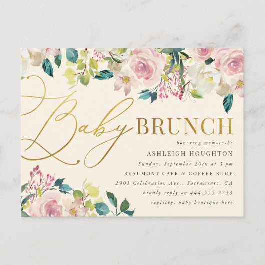 Sweet Floral Gold Script Baby Brunch Uitnodiging Briefkaart (Voorkant)