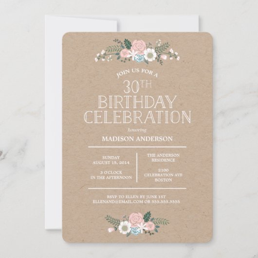 Sweet Floral Kraft | Invitation de fête d'annivers (Devant)