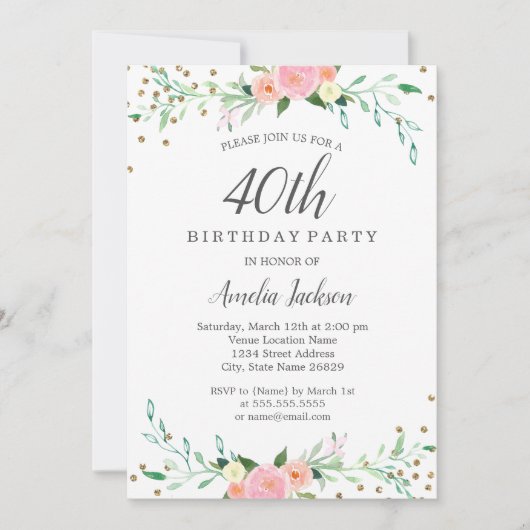 Sweet Floral Sparkle Confetti 40th Birthday Party Kaart (Voorkant)