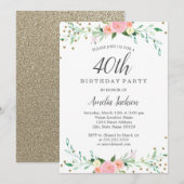 Sweet Floral Sparkle Confetti 40th Birthday Party Kaart (Voorkant / Achterkant)