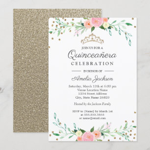 Sweet Floral Sparkle Confetti Quinceanera Kaart