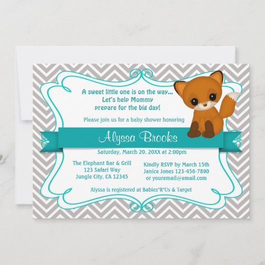 Sweet Fox Baby Shower Invitations Chevron Gray Kaart (Voorkant)