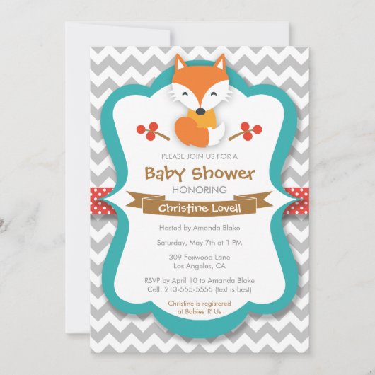 Sweet Fox Red & Turquoise Baby shower Invitation (Devant)