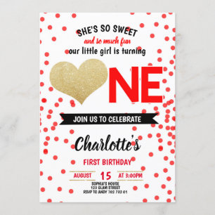 Sweet & Fun Black Red Heart Girl Eerste Verjaardag Kaart