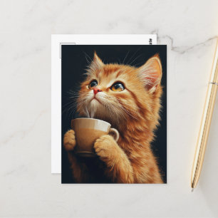 Sweet Ginger Kat met een kopje koffie Briefkaart