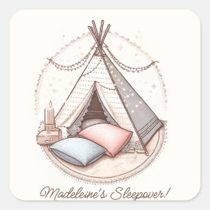 Sweet Girly Teepee Sleepover Party Verjaardag Vierkante Sticker