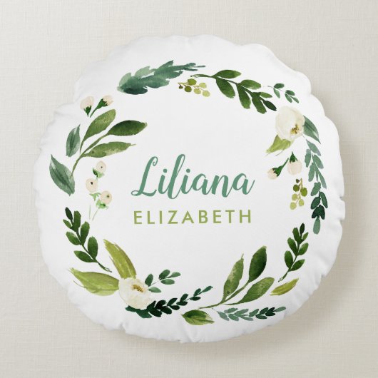 Sweet Greenery Wreath Baby Name Monogram Rond Kussen (Voorkant)