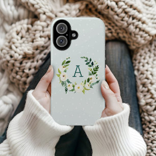 Sweet Greenery Wreath en Mint Stippen Monogram iPhone 16 Hoesje