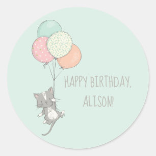 Sweet Grey Cat met Balloons Birthday Party Ronde Sticker