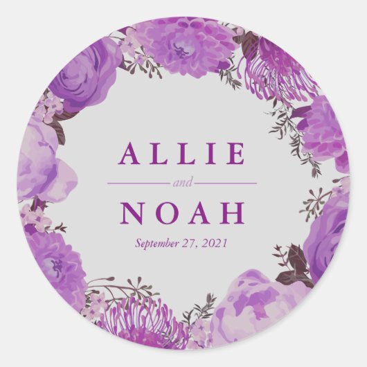 Sweet Grey en Paarse bloemenbruiloft Ronde Sticker (Voorkant)