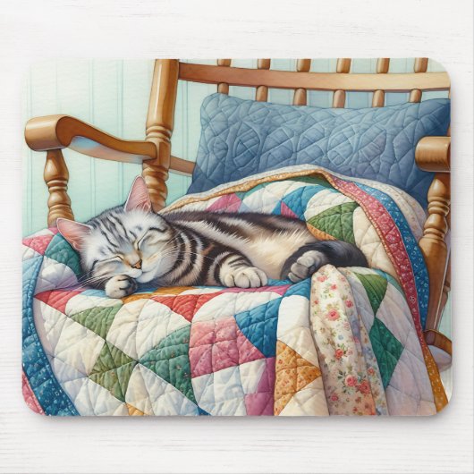 Sweet Grey Kat Slapen op een Quilt Muismat (Voorkant)