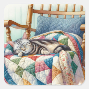 Sweet Grey Kat Slapen op een Quilt Vierkante Sticker