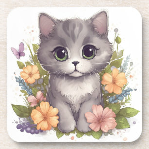 Sweet Grey Kitten met Flowers Kawaii Chibi Bier Onderzetter