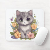 Sweet Grey Kitten met Flowers Kawaii Chibi Muismat (Met muis)