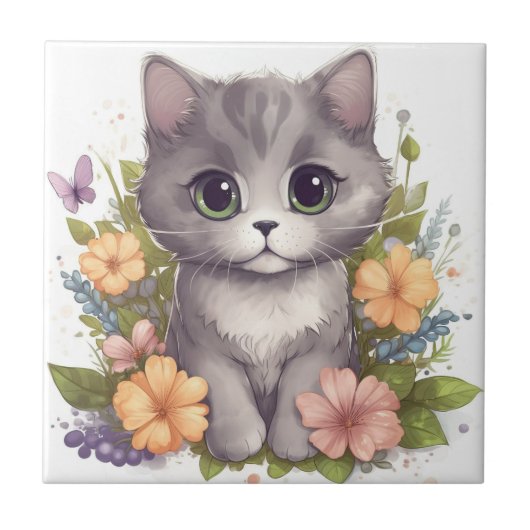 Sweet Grey Kitten met Flowers Kawaii Chibi Tegeltje (Voorkant)