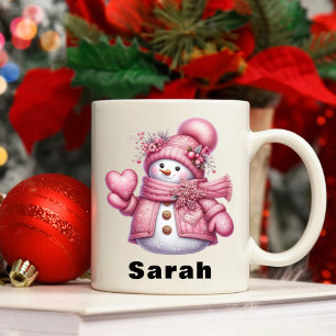 Sweet Heart Holding Pink Snowman Kerstmis Koffiemok