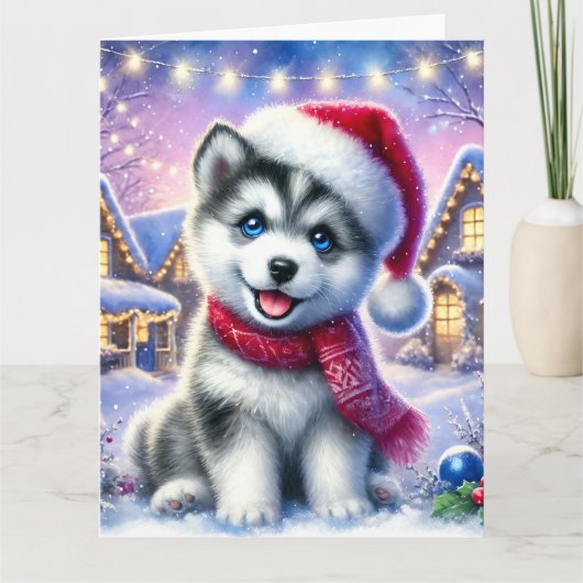 Sweet Husky Puppy in het kerstdorp Kaart (Voorkant)