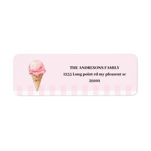 Sweet Ice Cream Cone Pink Gingham Birthday Etiket (Voorkant)