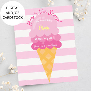 Sweet Ice Cream Girl roze 1e verjaardag uitnodigin