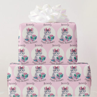 Sweet Kitten Big Pink Bow Verjaardagsnaam toevoege Cadeaupapier