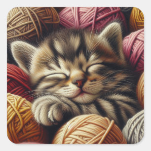 Sweet Kitten Slapen in garen Schattig Vierkante Sticker