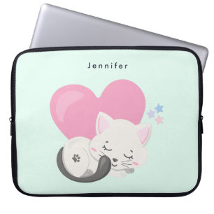 Sweet Kitty Cat Slapen met een groot roze hart Laptop Sleeve