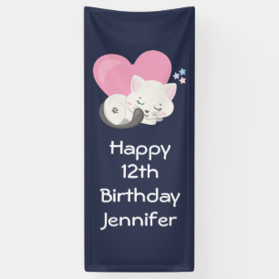 Sweet Kitty Cat Slapen met roze hart Birthday Spandoek