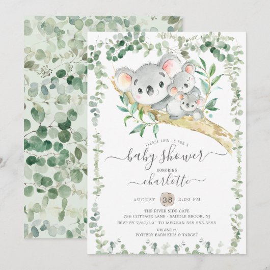 Sweet Koala Beren Twins Baby shower Uitnodiging (Voorkant / Achterkant)