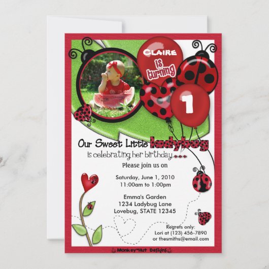 Sweet Ladybug Birthday Invitation SCHATTIG (foto) Kaart (Voorkant)