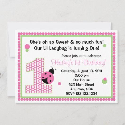 Sweet Ladybug Pink Birthday Invitation Kaart (Voorkant)