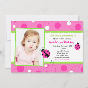 Sweet Ladybug Pink Green Foto Birthday Invitation Kaart