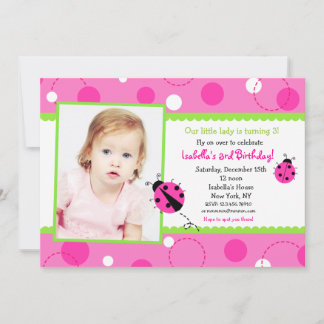 Sweet Ladybug Pink Green Foto Birthday Invitation Kaart