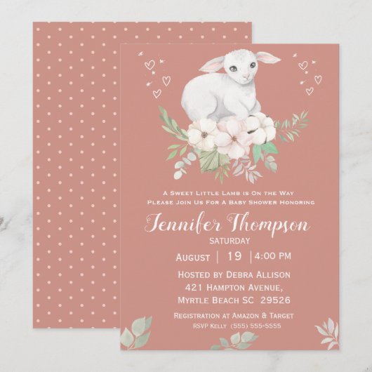 Sweet Lamb Greenery Baby shower Invitation Kaart (Voorkant / Achterkant)