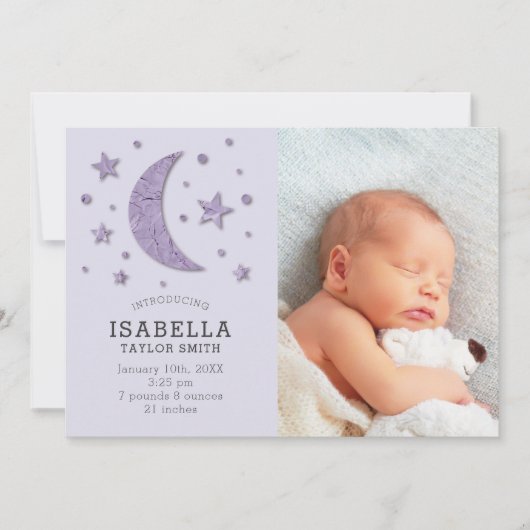 Sweet Lavender Moon Stars Baby Foto Geboorte Aankondiging (Voorkant)