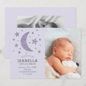 Sweet Lavender Moon Stars Baby Foto Geboorte Aankondiging (Voorkant / Achterkant)