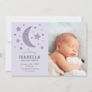 Sweet Lavender Moon Stars Baby Foto Geboorte Aankondiging