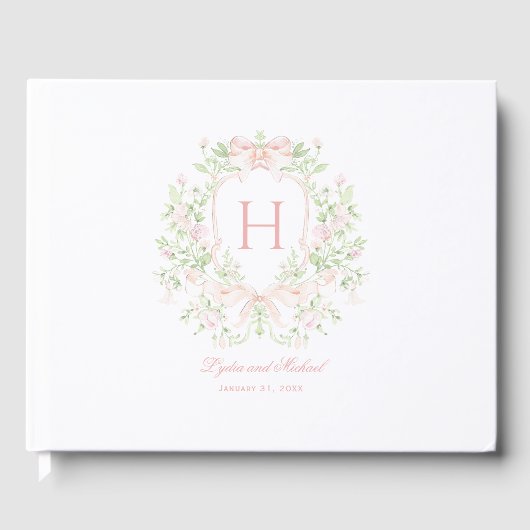 Sweet Leaf Crest w / Roze Bogen | Monogram bruilof Gastenboek (Voorkant)