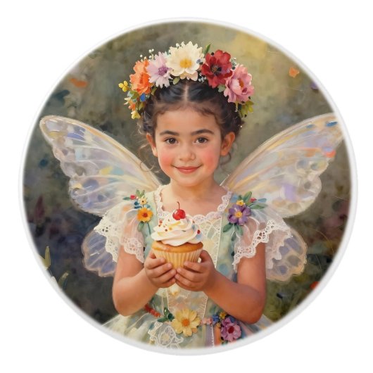 Sweet Lil Fairy with Cupcake | Fairytale Keramische Knop (Voorkant)
