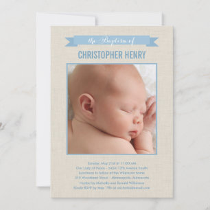 Sweet Linen Photo Baptism Invitation - Bleu