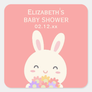 Sweet Little Bunny & Flowers Pink Baby Girl Shower Vierkante Sticker