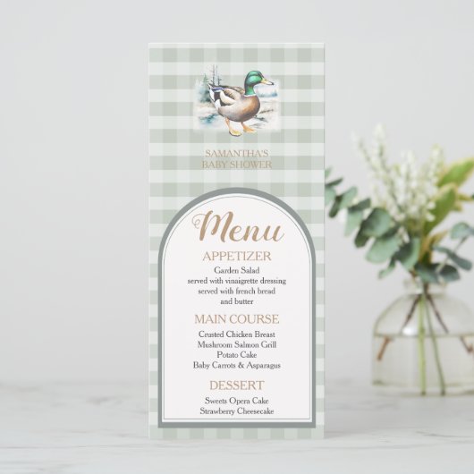 Sweet Little Duckling Mallard Gingham Baby shower Menu (Staand voorkant)