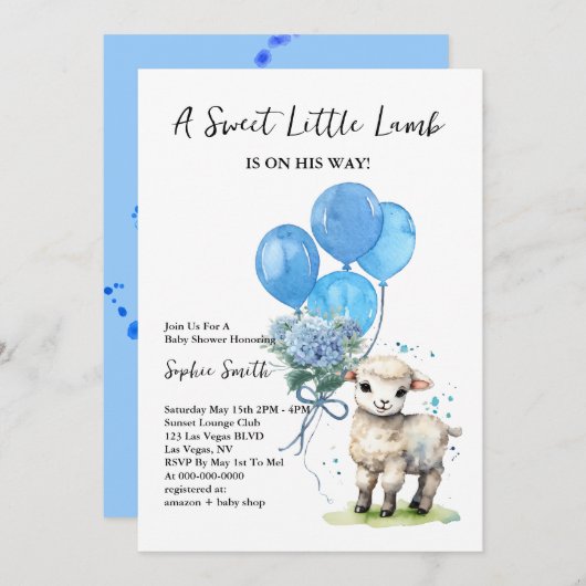 Sweet Little Lamb Baby shower Blue Waterverf Kaart (Voorkant / Achterkant)