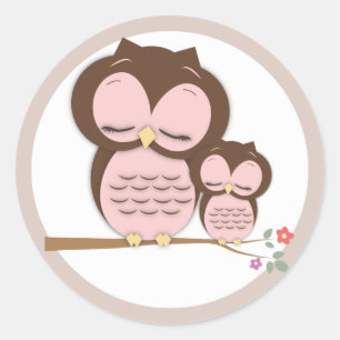 Sweet Little Mama & Baby Owl on a Branch Ronde Sticker