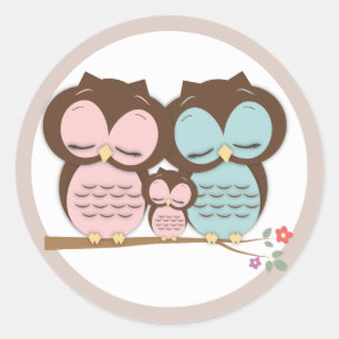 Sweet Little Owl Familie op een tak Ronde Sticker