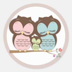 Sweet Little Owl Familie op een tak Ronde Sticker