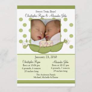 Sweet Little Pea Twin Boys Photo Announcement Card Kaart