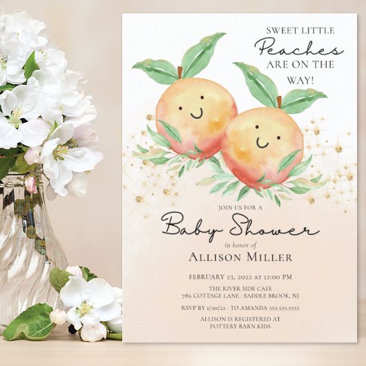 Sweet Little Peaches Twins Baby shower Invitation